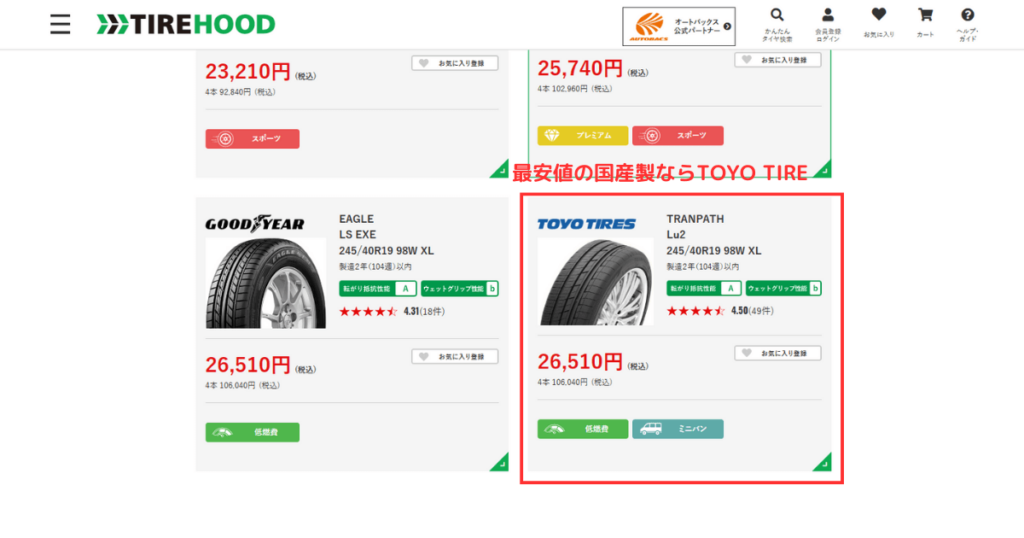国産タイヤの最安値は26,150円